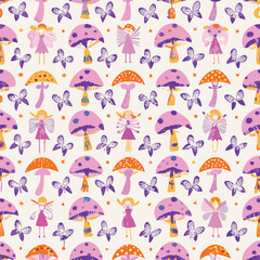 Fairy tale pastel seamless pattern with fairies, mushrooms, and butterflies