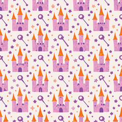 Magical castle pastel seamless pattern with keys and stars