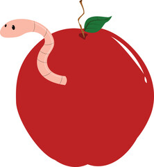 red apple and cute worm vector illustration