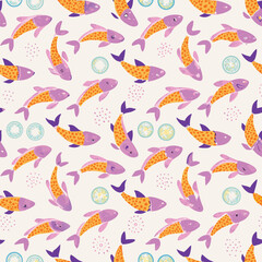 Pastel koi fish vector pattern with lily pads and soft ripples in mint, peach, and lavender tones for spa and wellness branding.