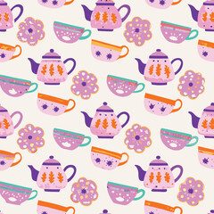Pastel tea set seamless vector pattern with floral teapots and cups in peach and mint tones for cozy vintage branding.