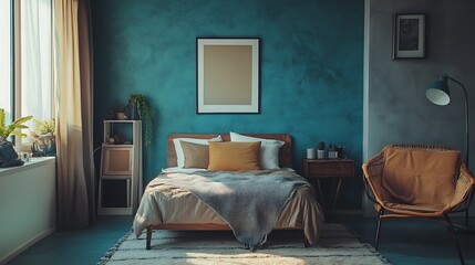 Cozy Bedroom Interior With Wooden Bed And Modern Furniture Against Blue Wall