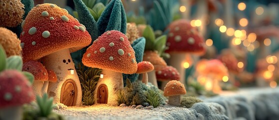 Miniature mushroom houses with red caps and white spots in a whimsical setting.