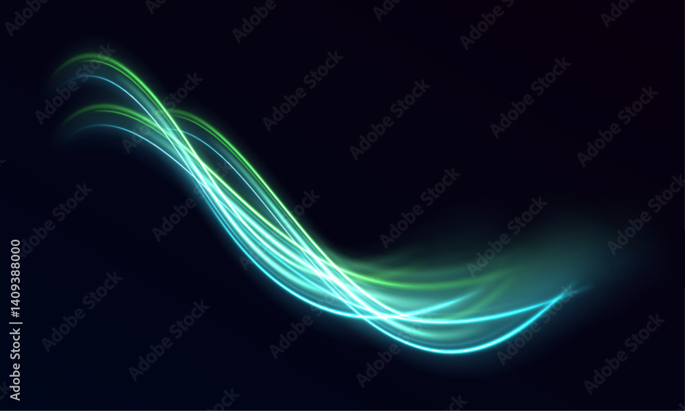 Poster shiny green lines create an abstract pattern of light and motion. their glow suggests energy, speed,