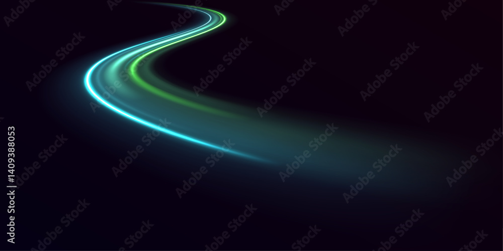 Poster glowing green light swirl with smooth, flowing curves. particle motion effect. magic of moving fast 