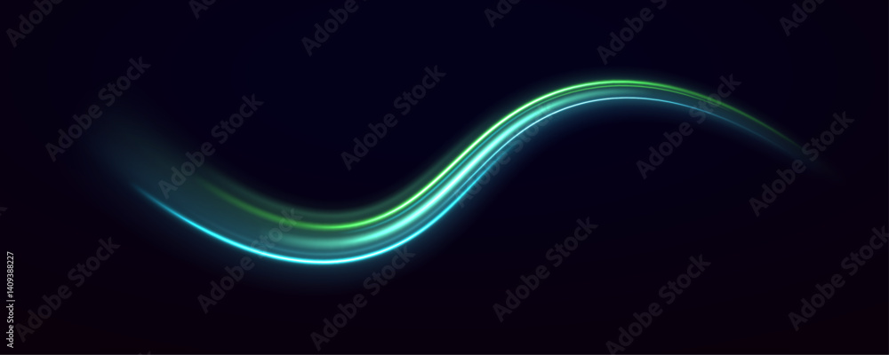 Poster abstract speed lines in glowing green curve forward with motion blur. this effect creates a feeling 