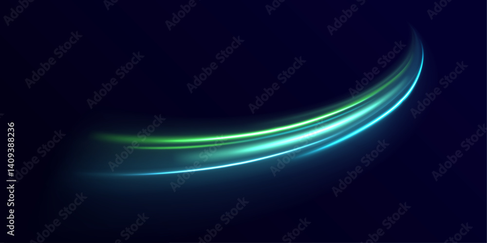 Poster shiny green lines create an abstract pattern of light and motion. their glow suggests energy, speed,