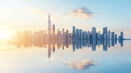 Fototapeta premium Serene Sunrise Over Lake Michigan with Chicago Skyline Reflected in Water