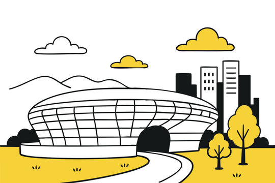 "Modern cityscape featuring Dongdaemun Design Plaza" A futuristic building surrounded by city elements and natural landscapes.