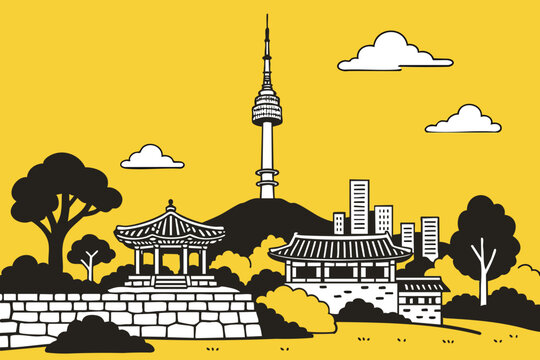 "Namsan Tower view with traditional pavilion and city skyline" Iconic tower surrounded by trees, old structures and buildings.