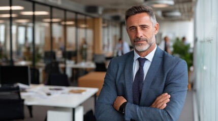 Fototapeta premium Portrait of a mature businessman in a suit with arms crossed in a modern office setting area