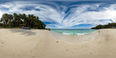 Carabao Island beach with transparent waves and corals. Romblon, Philippines. VR 360.