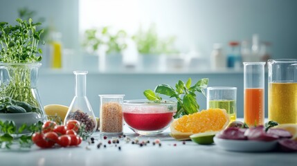 Variety of different foods displayed in a bright clean food lab for testing process ingredients and quality