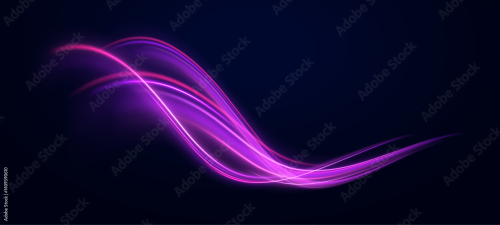 Poster abstract neon light trails curve through the dark like flowing energy. the glowing lines pulse with 