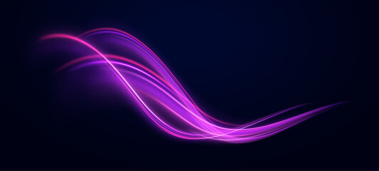 Abstract neon light trails curve through the dark like flowing energy. The glowing lines pulse with motion, creating a futuristic sense of speed. Perfect for tech or sci-fi design.