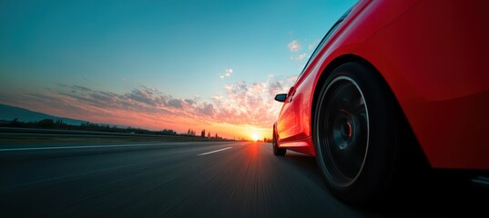 A red vehicle drives rapidly on a highway as the sun sets, casting warm colors across the sky. The surrounding landscape blurs, emphasizing the car's motion