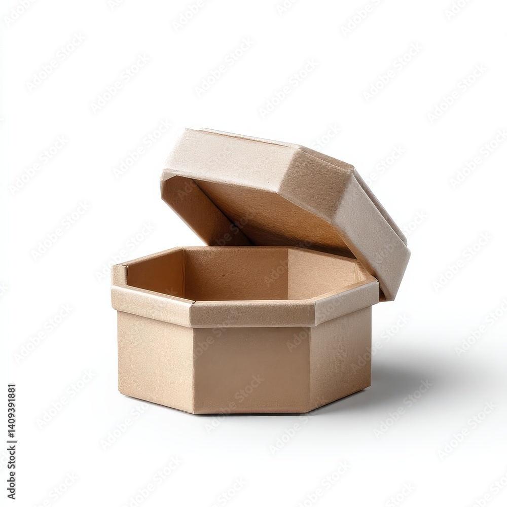 Poster an open hexagonal cardboard box with flap lid on a plain neutral background showcasing simple packag