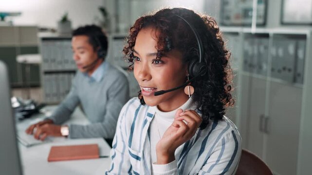 Call center, woman and technical support in office with crm, communication and online consultant. Contact us, headset and customer service help, telemarketing or sales agent coworking for hotline
