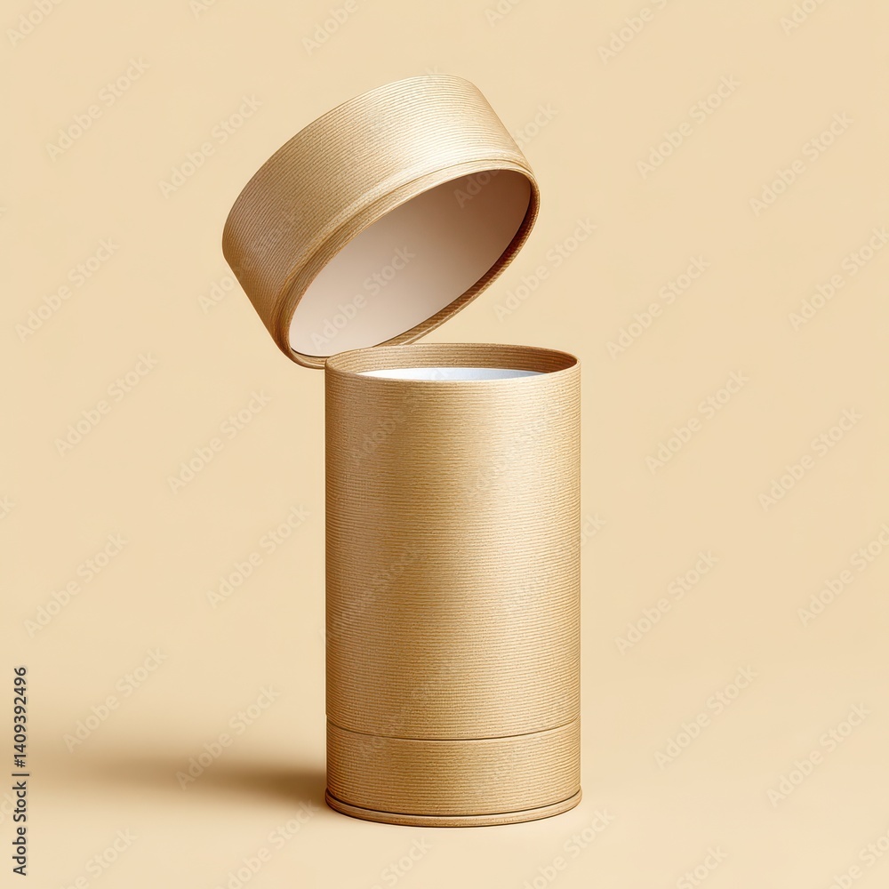 Poster a minimalist beige cardboard cylinder container with a partially open top showcasing its simple yet 