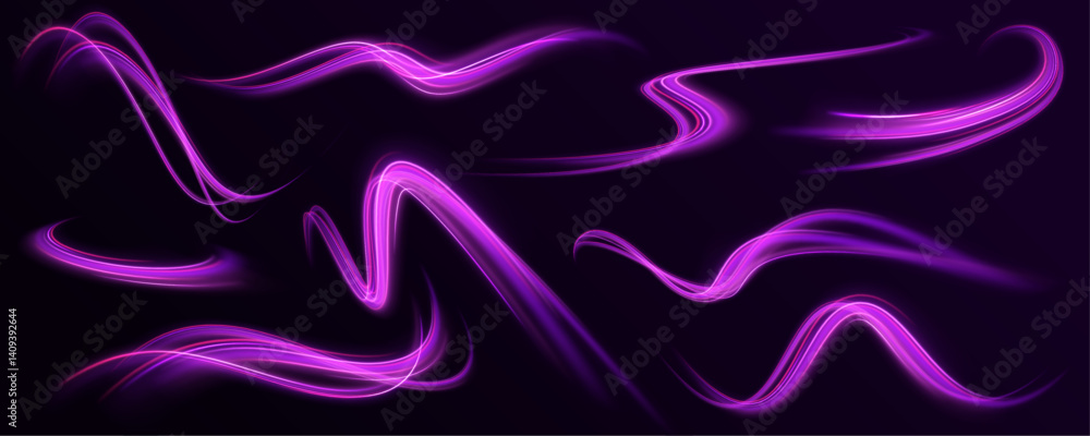 Poster set of neon speed lines on transparent background. vortex streams of neon light. abstract vector fir