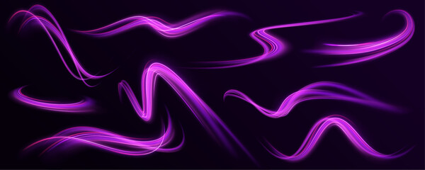 Set of neon speed lines on transparent background. Vortex streams of neon light. Abstract vector fire circles, sparkling swirls and energy light spiral frames.	
