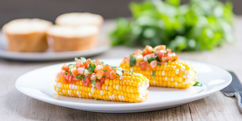 Fresh corn on cob topped with vibrant salsa and herbs, served on white plate, evokes delightful summer meal