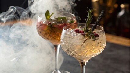 cocktail bars Elegant cocktails with smoke and garnishes, showcasing a sophisticated drink experience.