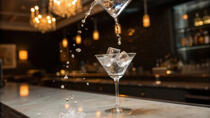 cocktail bars A cocktail being poured into a glass with ice, set against a stylish bar backdrop.