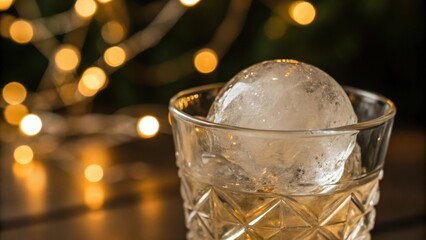 cocktail bars A glass with a large ice sphere, surrounded by warm bokeh lights, creating a cozy ambiance.