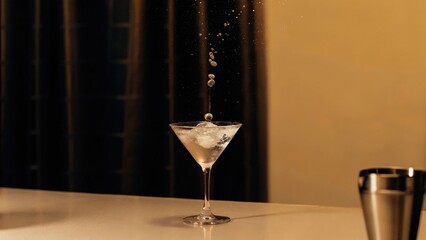 cocktail bars A martini glass with ice and bubbles, set against a warm, elegant background.