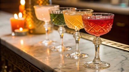 cocktail bars Elegant cocktails in crystal glasses on a marble bar with soft candlelight ambiance.