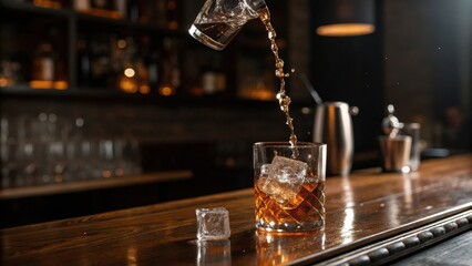 cocktail bars A glass with ice is filled with liquid, capturing the action of pouring at a stylish bar.