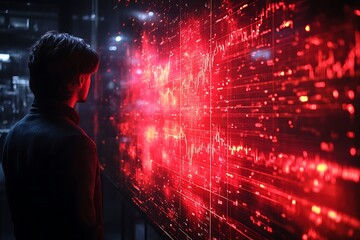 Intrigued observer gazes at a vibrant digital display.