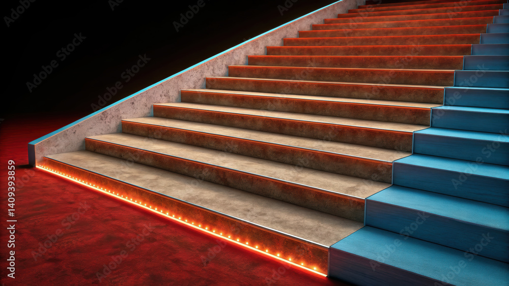 Poster modern staircase with illuminated edges, featuring blend of concrete and blue steps, creating striki