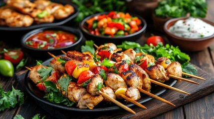 Grilled Chicken Skewers with Fresh Vegetables and Herbs Platter