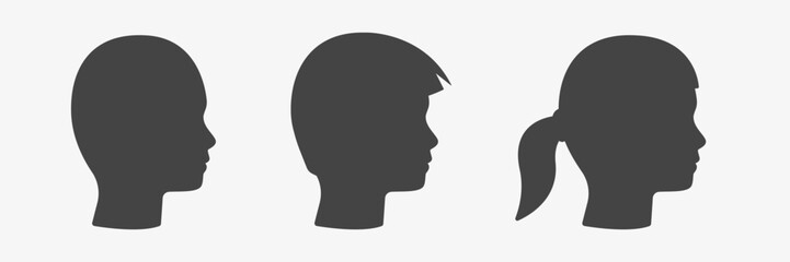 Set of kids head silhouette. Black children faces profile. Vector illustration on a white background