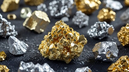 Close-up of shiny gold and silver mineral rocks and crystals on a dark surface, showcasing raw metallic textures ideal for mining, geology, and luxury-themed visuals
