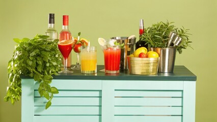cocktail bars Colorful cocktail arrangement on a stylish bar with greenery and vibrant drinks.