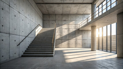 Obraz premium Modern concrete interior with stairs and large windows, showcasing natural light and minimalist design