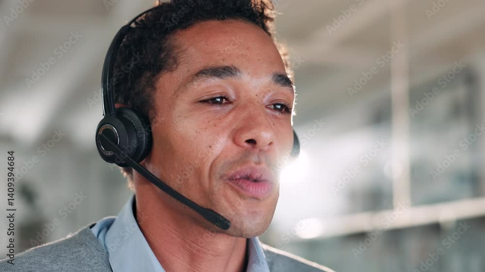 Poster conversation, crm and headset with man in call center for help or online assistance. communication, 