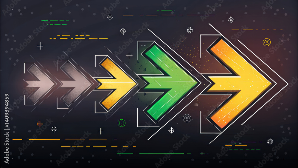 Poster Dynamic arrows in various colors symbolize progress and direction, set against dark background with abstract elements