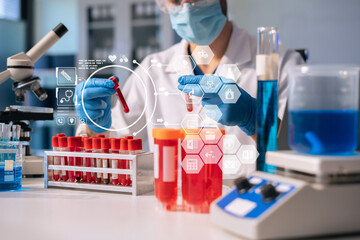 Glass vial, pipette and scientist in laboratory for medical study, research or experiment.