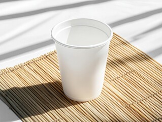 Empty White Disposable Cup on Bamboo Placemat with Sunlight Shadows