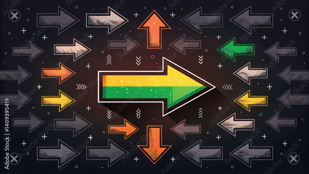 Poster dynamic arrow design featuring various directional arrows in different colors, creating vibrant and 