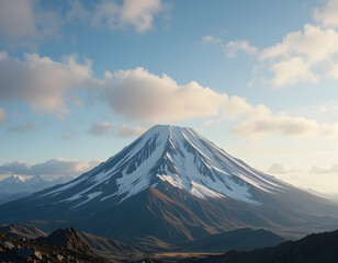 Fototapeta premium Snow Capped Mountain Under Blue Sky with Fluffy Clouds