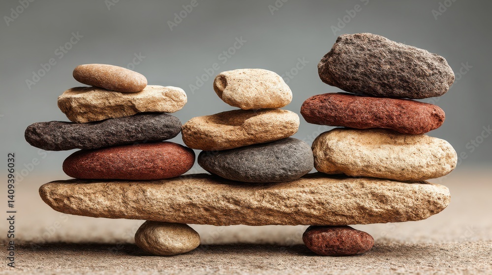Poster a balanced pile of rocks representing the harmony between work and rest in a serene natural environm