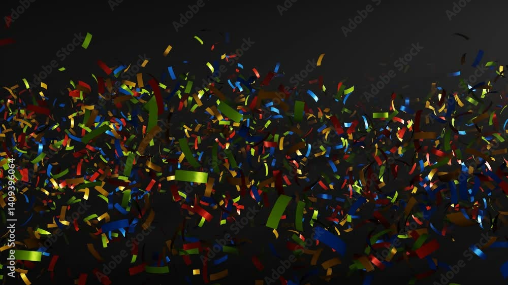 Poster 3d rendering animation of explosion confetti with multiple color on a dark background