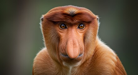 Naklejka premium Close-up Portrait of Proboscis Monkey with Distinctive Nose Looking Forward