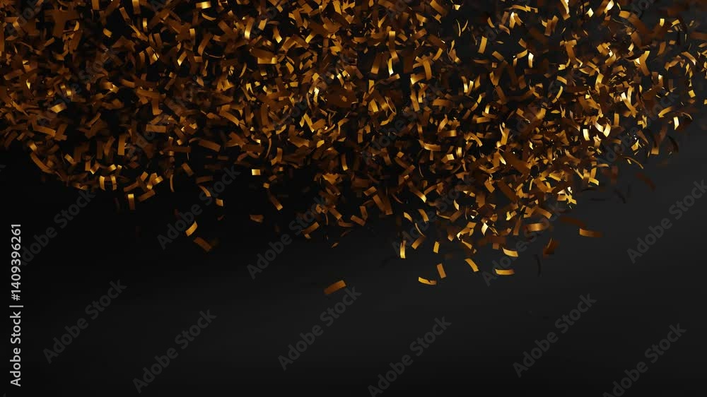 Poster 3d render animation of explosion confetti with gold color on a dark background