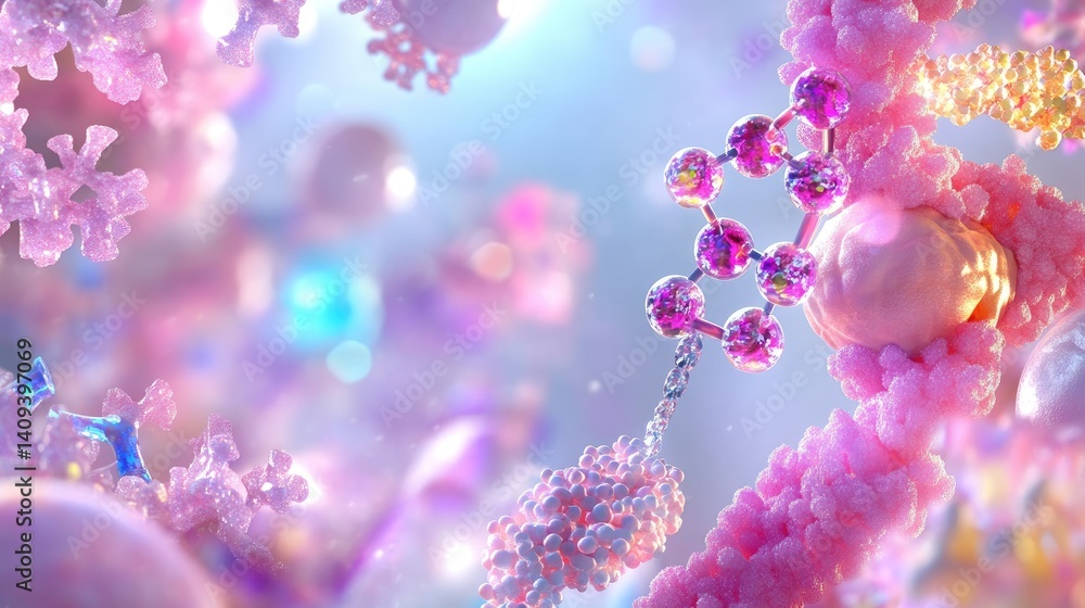 Poster vibrant abstract microscopic view of molecular structures and cells